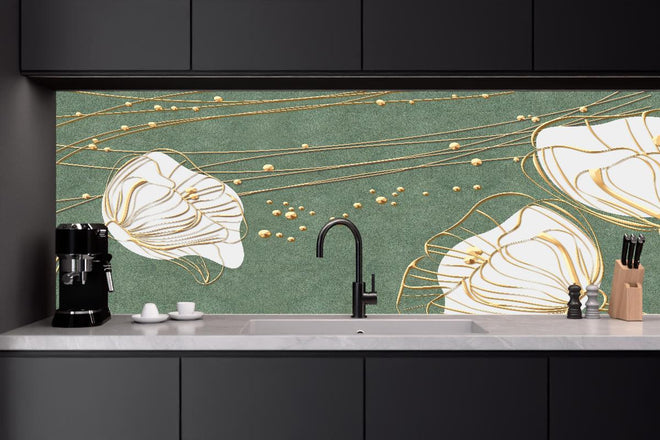 Küchenrückwand - Große abstrakte Blumenkonturen Beige Grün