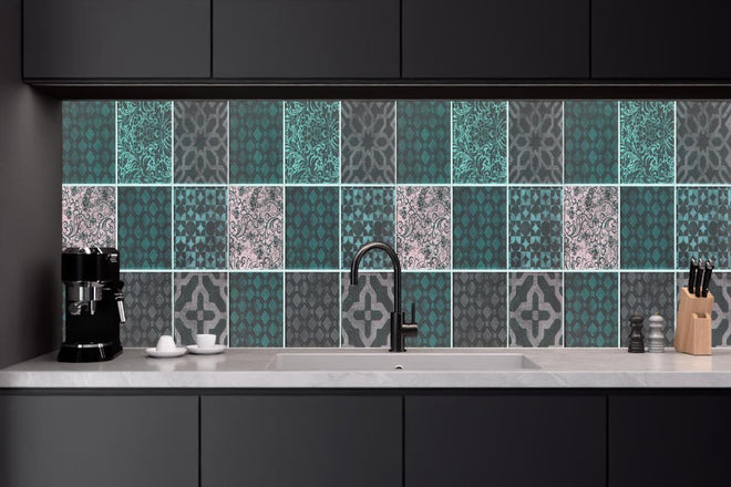 Küchenrückwand - Grün rosafarbige Vintage Fliesen