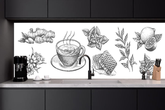 Küchenrückwand - Handgezeichnete Tee und Zutaten Illustration