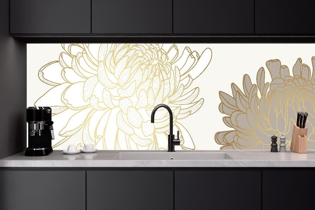 Küchenrückwand - Illustrative Chrysantheme in Weiß-Beige