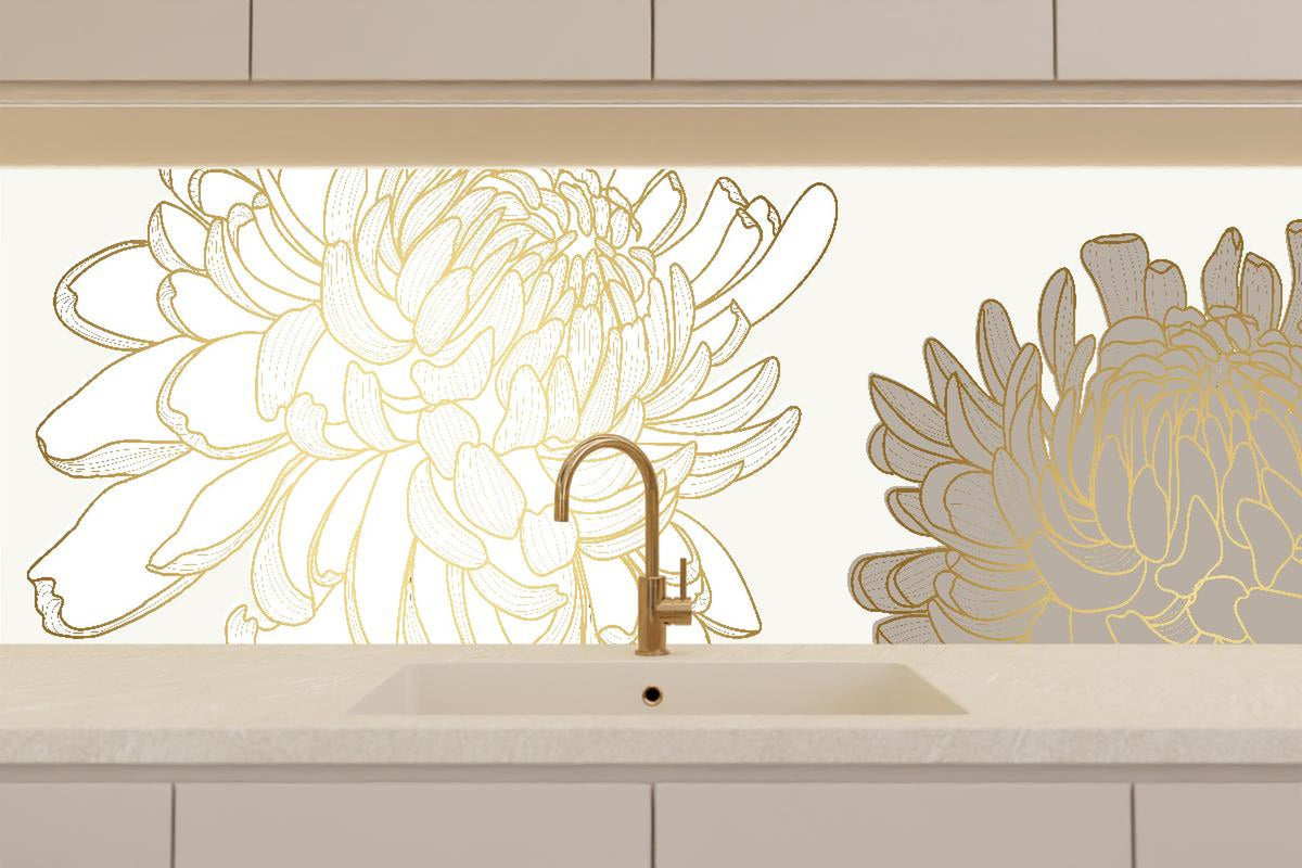 Küchenrückwand - Illustrative Chrysantheme in Weiß-Beige