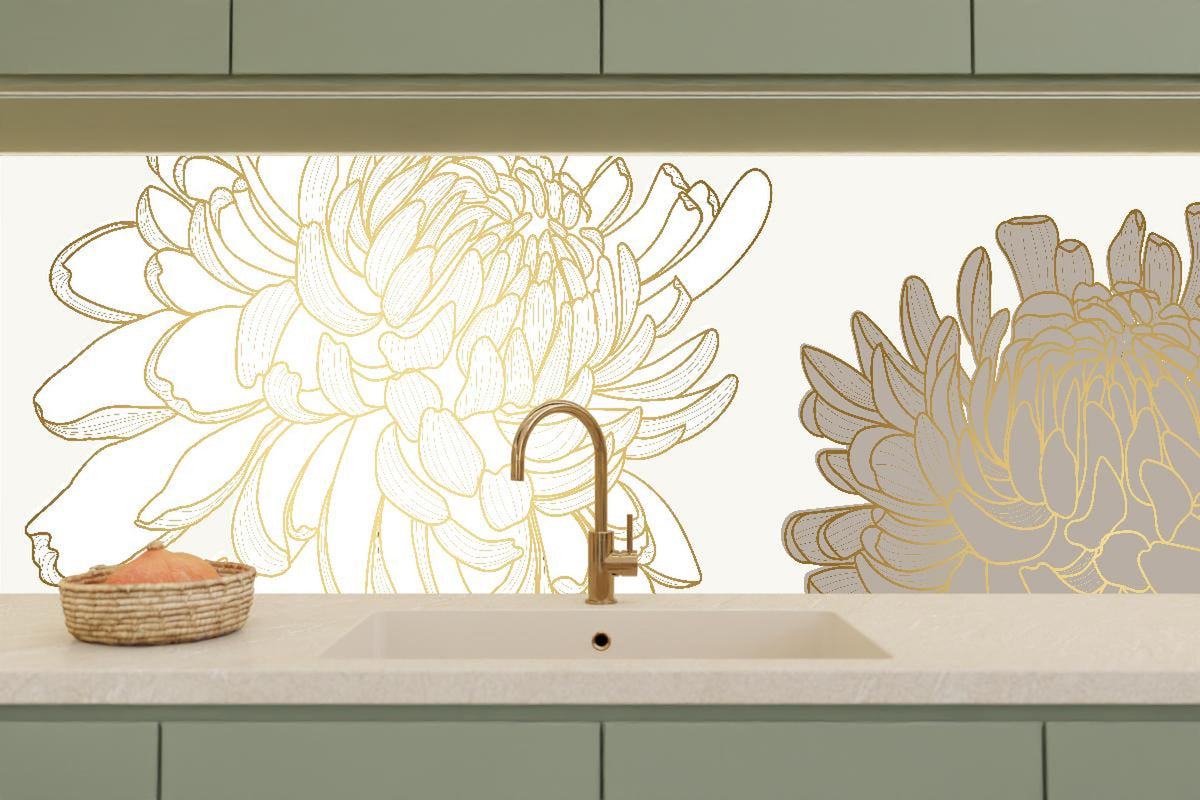 Küchenrückwand - Illustrative Chrysantheme in Weiß-Beige