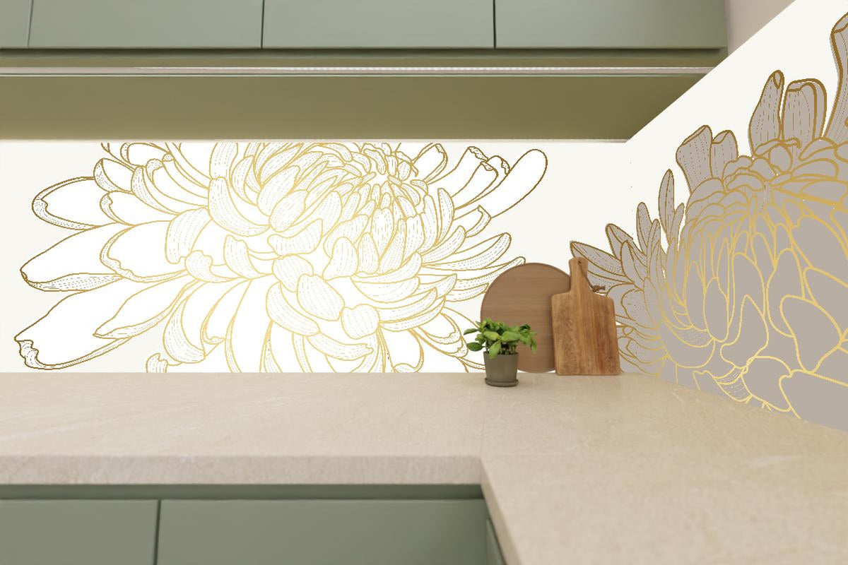 Küchenrückwand - Illustrative Chrysantheme in Weiß-Beige