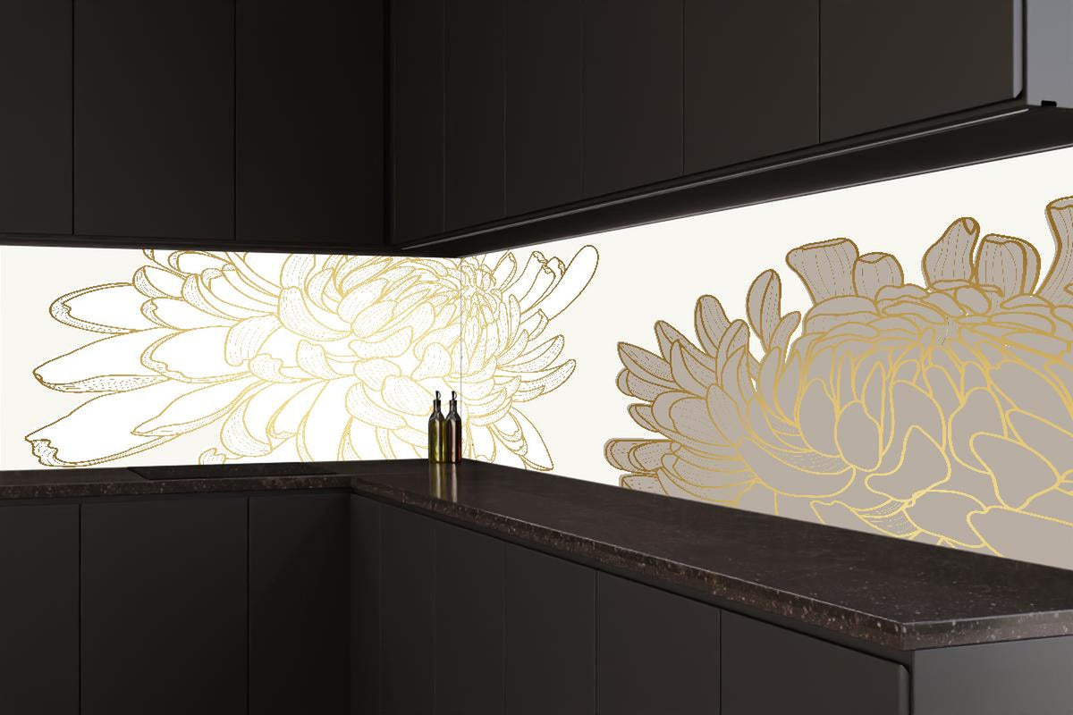 Küchenrückwand - Illustrative Chrysantheme in Weiß-Beige