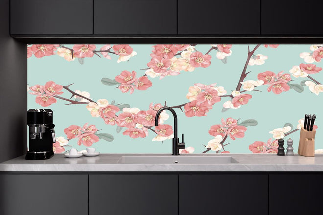 Küchenrückwand - Japanische Quitten Blumen Muster Pastellblau
