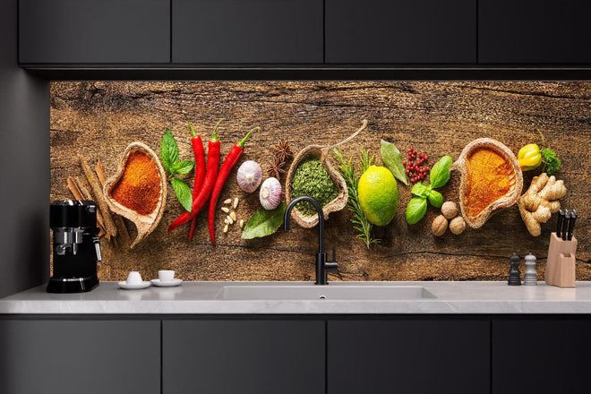 Küchenrückwand - Kräuter & Gewürze auf Holz