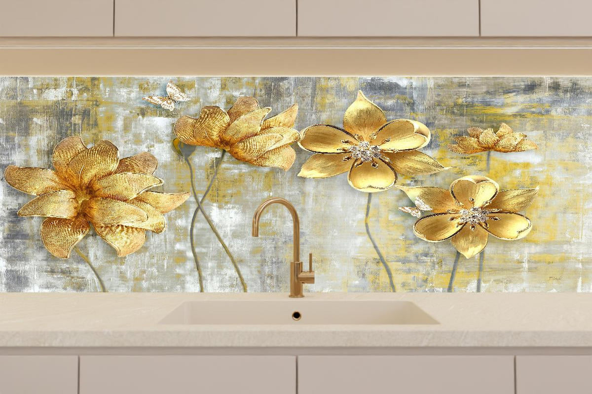 Küchenrückwand - Künstlerische Blattgold-Blumen