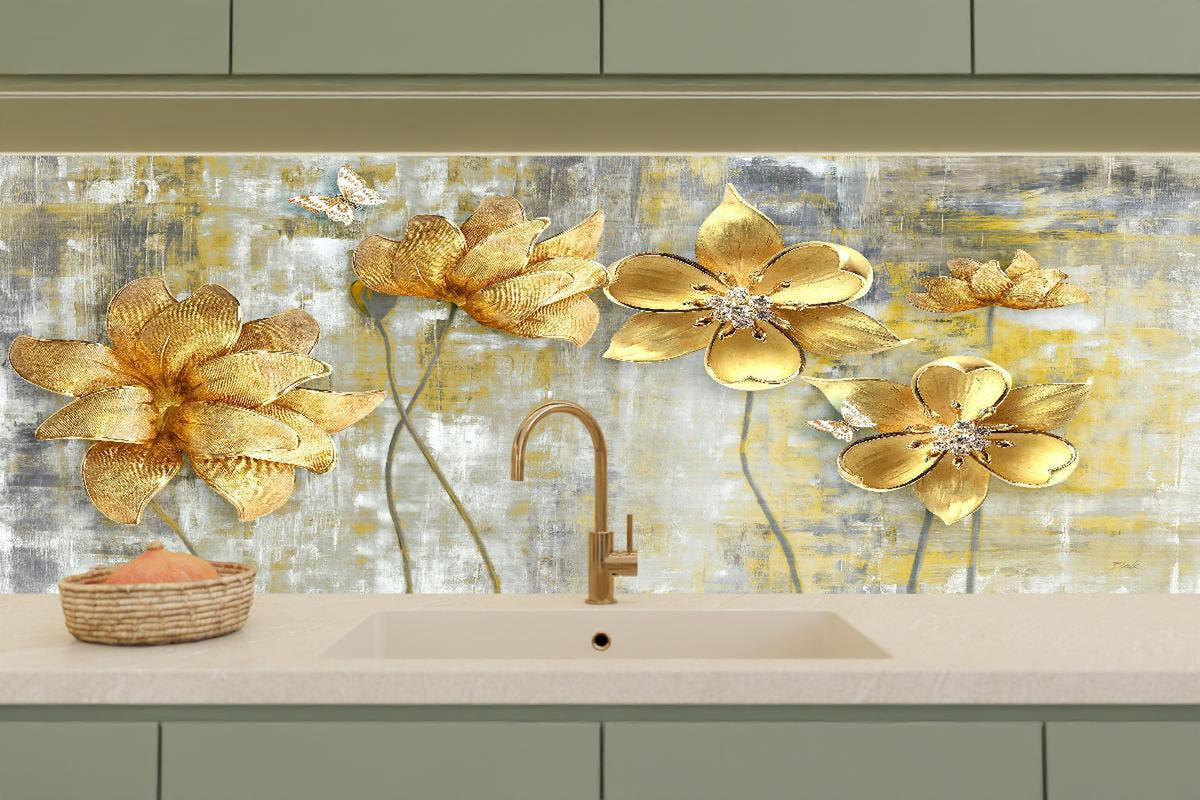Küchenrückwand - Künstlerische Blattgold-Blumen