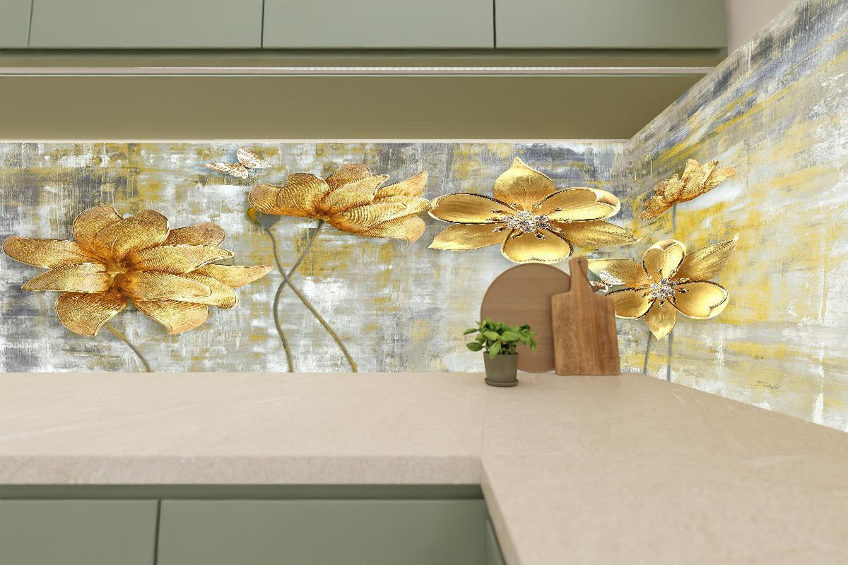 Küchenrückwand - Künstlerische Blattgold-Blumen