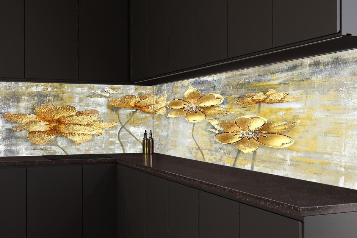 Küchenrückwand - Künstlerische Blattgold-Blumen