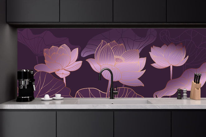 Küchenrückwand - Künstlerische Lotusblüten Grafik in Lila