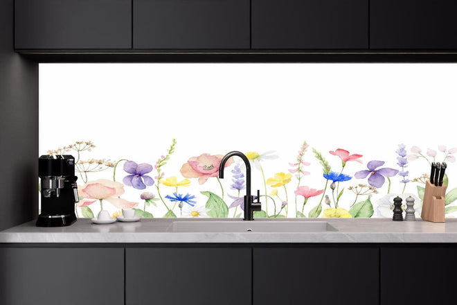 Küchenrückwand - Lebhafte Blumen und Pflanzen Aquarellmalerei