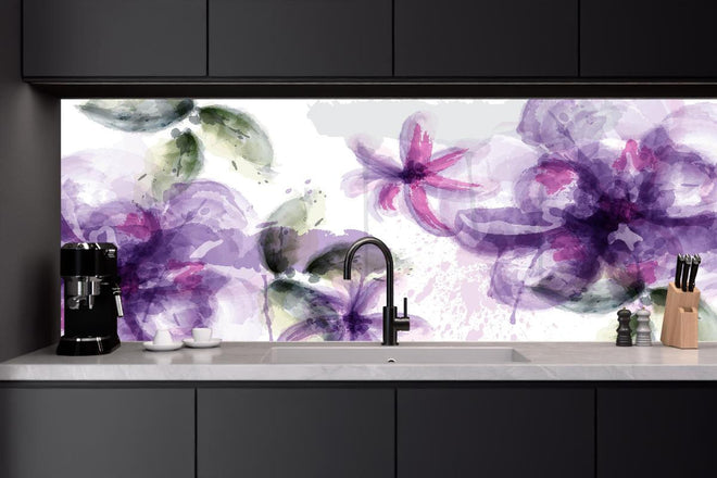 Küchenrückwand - Lila-Rosa Blumen Aquarell Kunstwerk