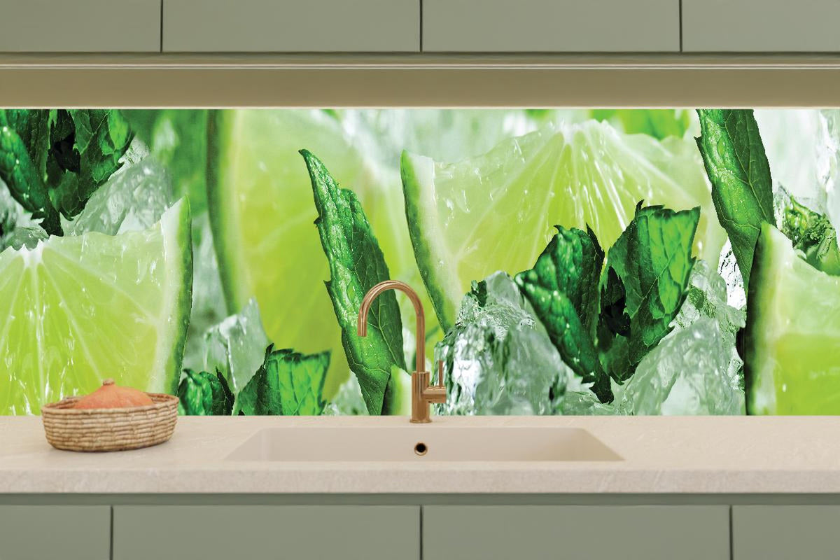 Küchenrückwand - Limette und Minzblätter mit Eis