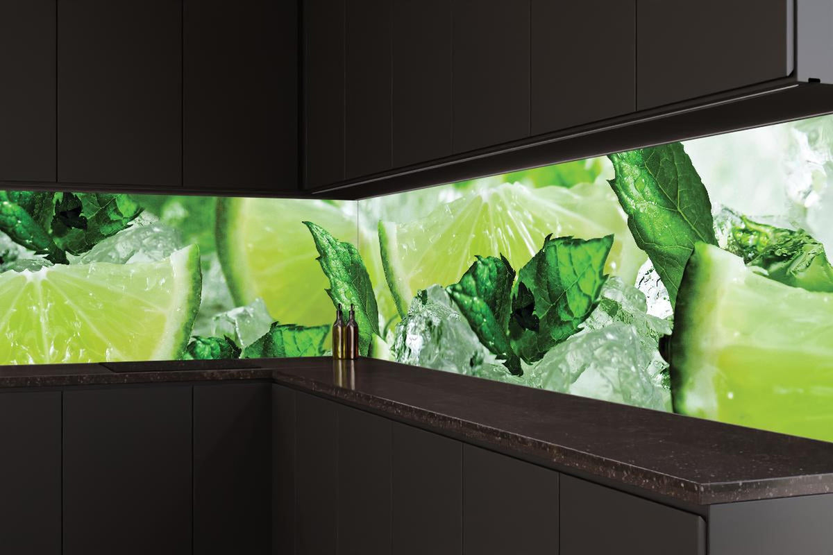 Küchenrückwand - Limette und Minzblätter mit Eis