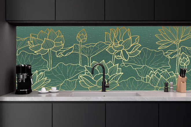 Küchenrückwand - Lotusblumen Zeichnung Dunkelgrün Gold