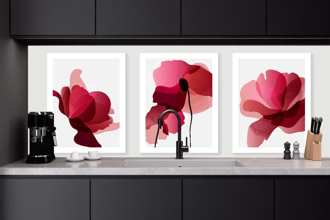 Küchenrückwand - Moderne Abstrakte Blumen in Rot-Pink