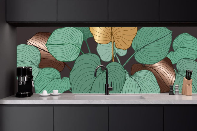 Küchenrückwand - Moderne Blattlinien Kunst in Erdtönen