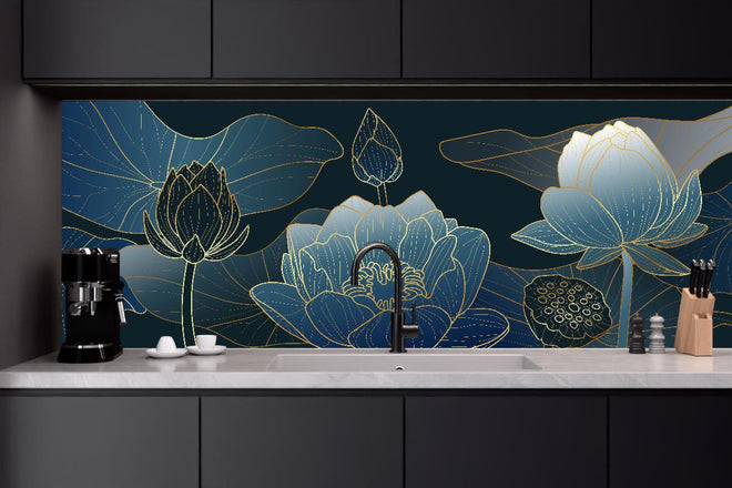 Küchenrückwand - Moderne dunkelblaue Lotus Linienzeichnung