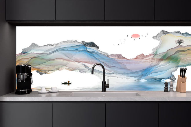 Küchenrückwand - Modernes Wasserfarben Gemälde Boot Vögel See