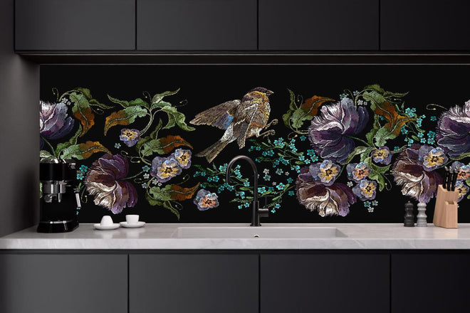 Küchenrückwand - Nahtloses Blumen-Vogel-Stickerei-Muster