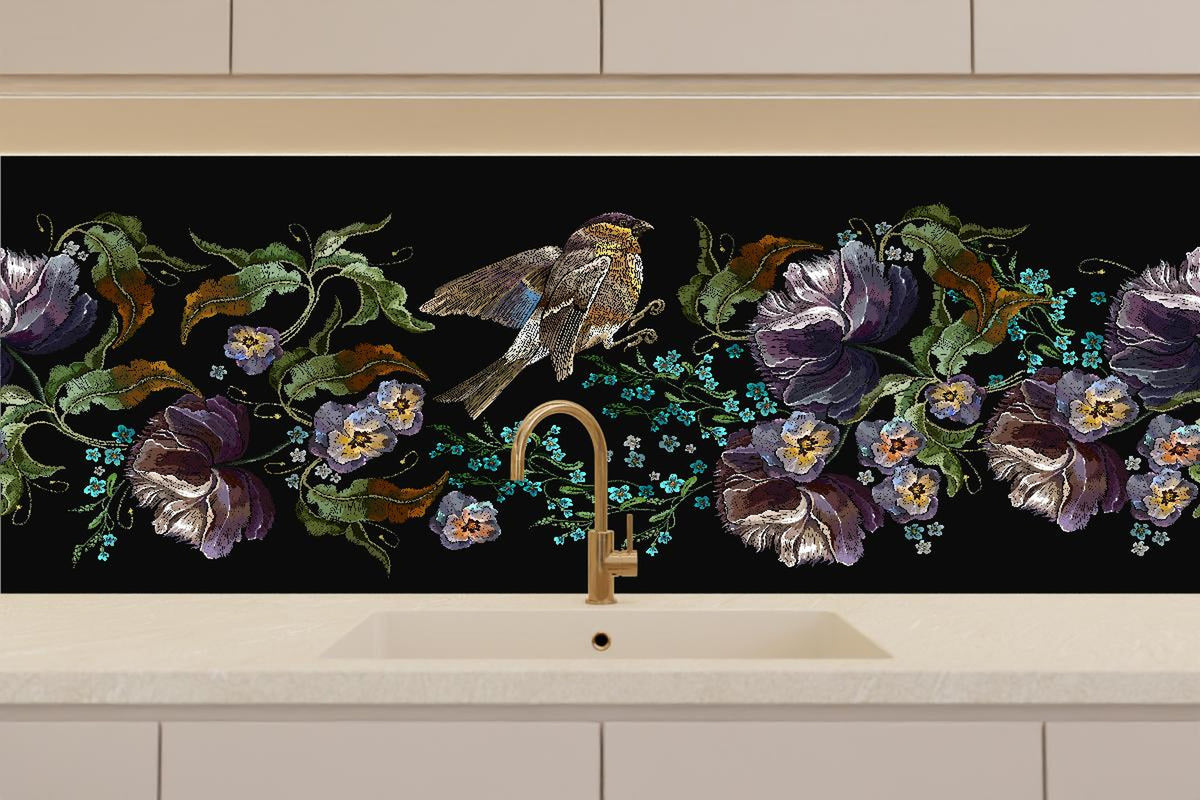 Küchenrückwand - Nahtloses Blumen-Vogel-Stickerei-Muster