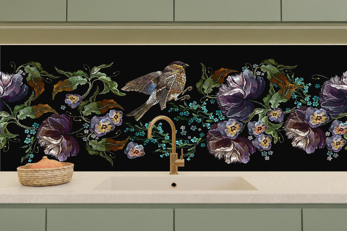 Küchenrückwand - Nahtloses Blumen-Vogel-Stickerei-Muster