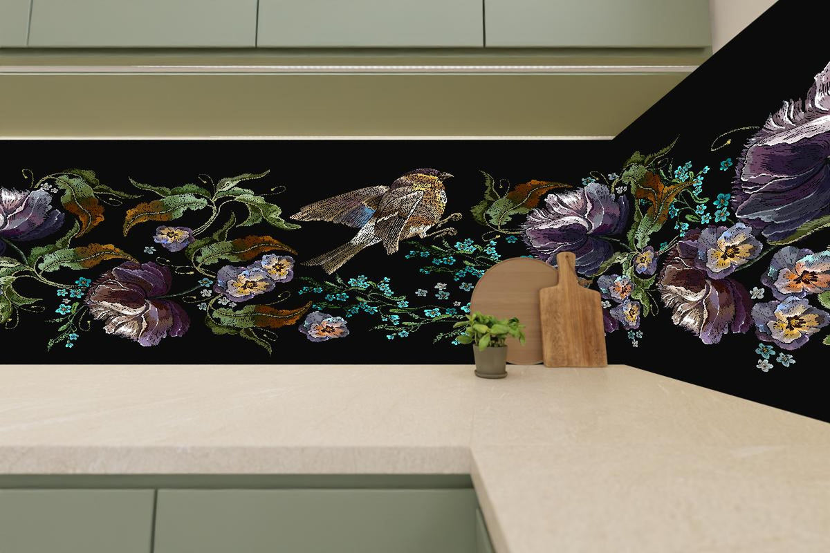 Küchenrückwand - Nahtloses Blumen-Vogel-Stickerei-Muster