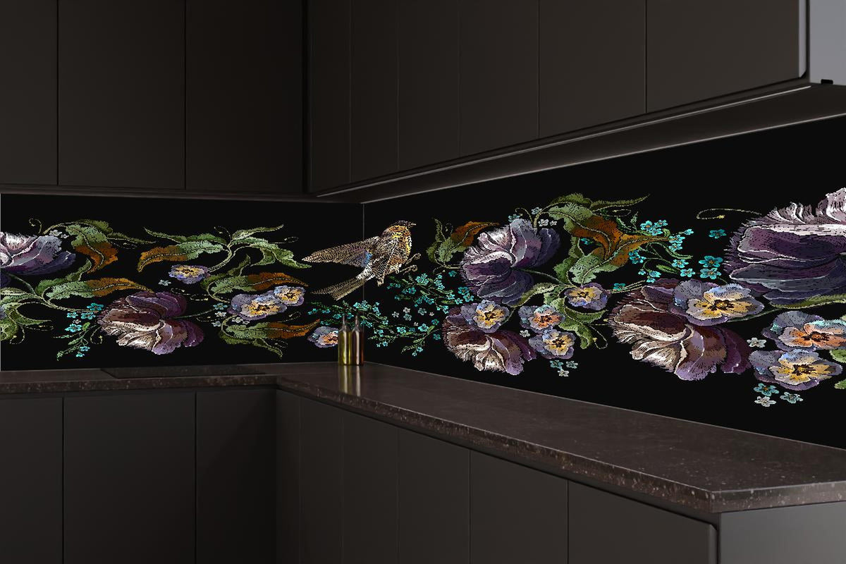 Küchenrückwand - Nahtloses Blumen-Vogel-Stickerei-Muster