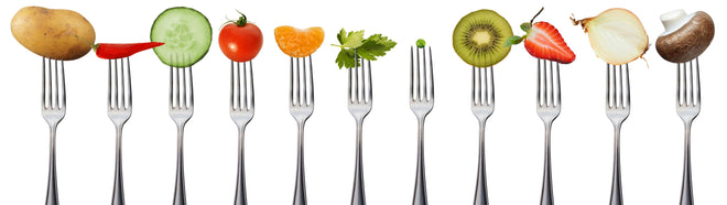 Küchenrückwand - Obst & Gemüse auf Gabeln
