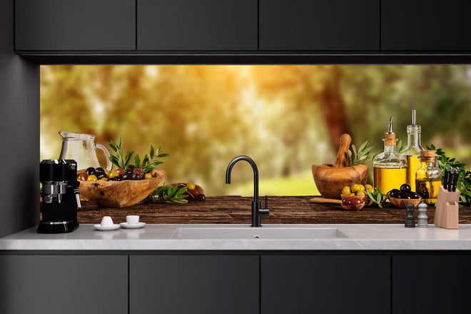 Küchenrückwand - Olivenöl & Oliven
