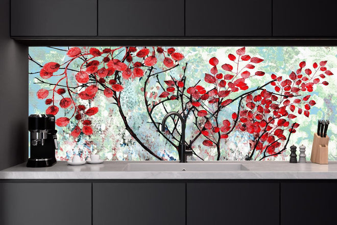 Küchenrückwand - Ölmalerei von roten Blättern im Frühling