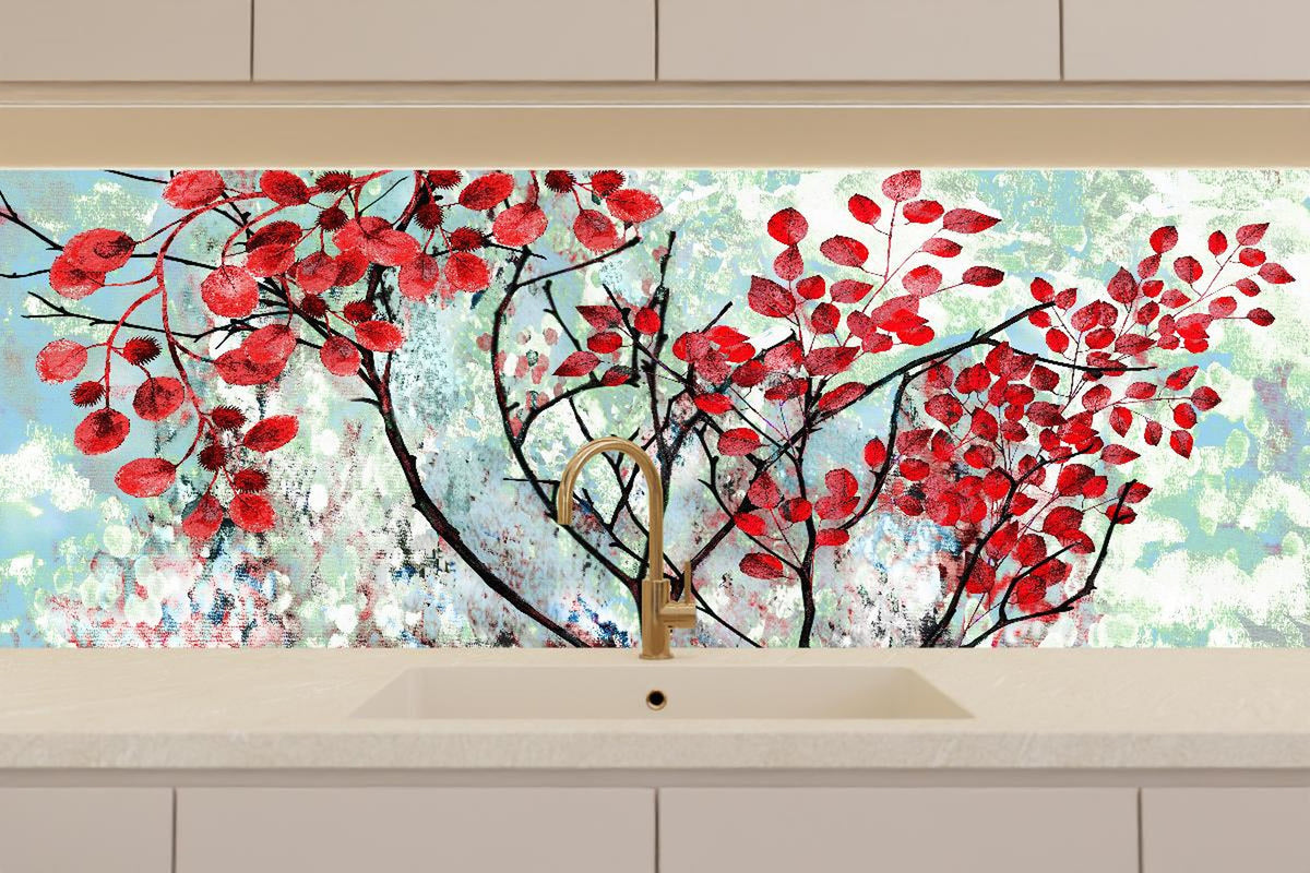 Küchenrückwand - Ölmalerei von roten Blättern im Frühling