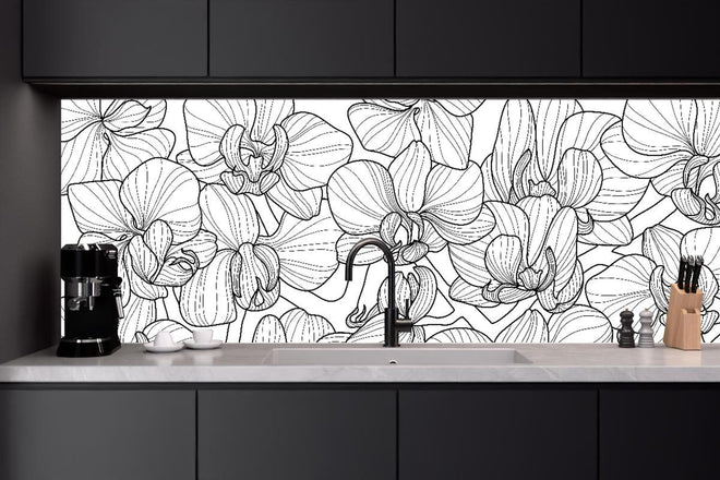Küchenrückwand - Orchideen Lineart Schwarz-Weiß