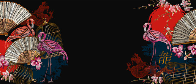 Küchenrückwand - Orientalischer Banner mit Drachen und Flamingos