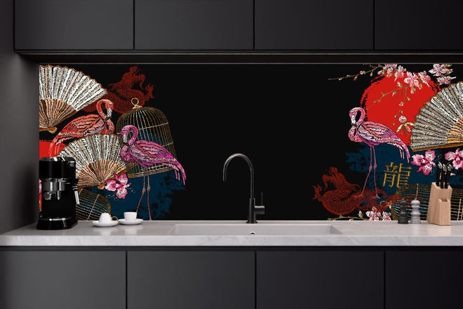Küchenrückwand - Orientalischer Banner mit Drachen und Flamingos