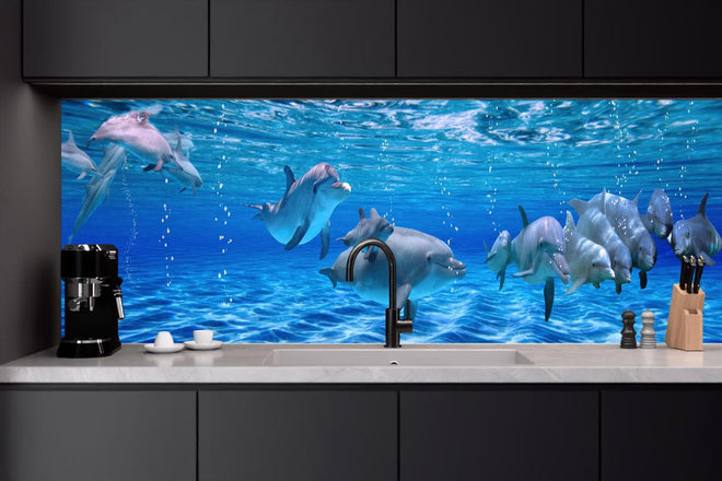 Küchenrückwand - Panorama der schwimmenden Delphine