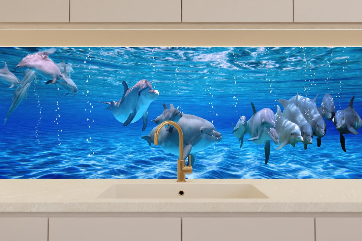 Küchenrückwand - Panorama der schwimmenden Delphine