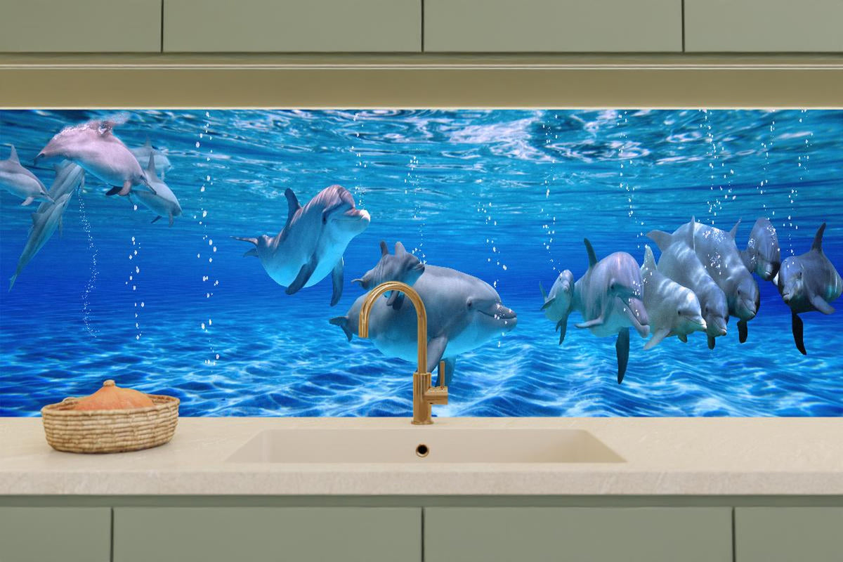 Küchenrückwand - Panorama der schwimmenden Delphine
