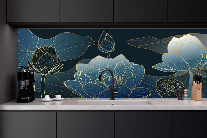 Küchenrückwand - Petrol-goldene Blüten