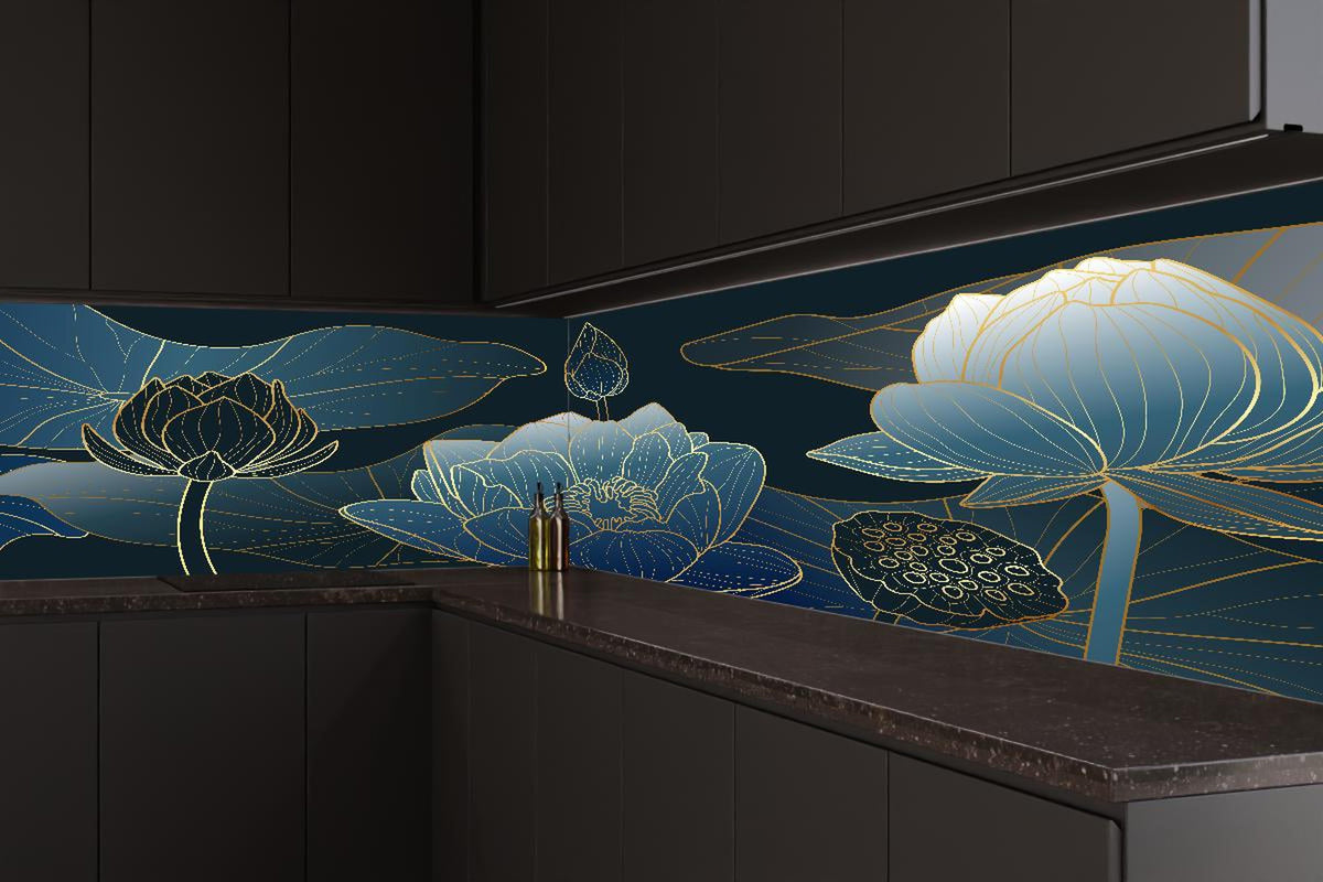 Küchenrückwand - Petrol-goldene Blüten