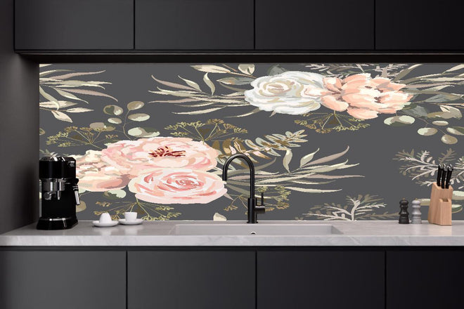Küchenrückwand - Rosa Blüten Dunkelgrau Muster