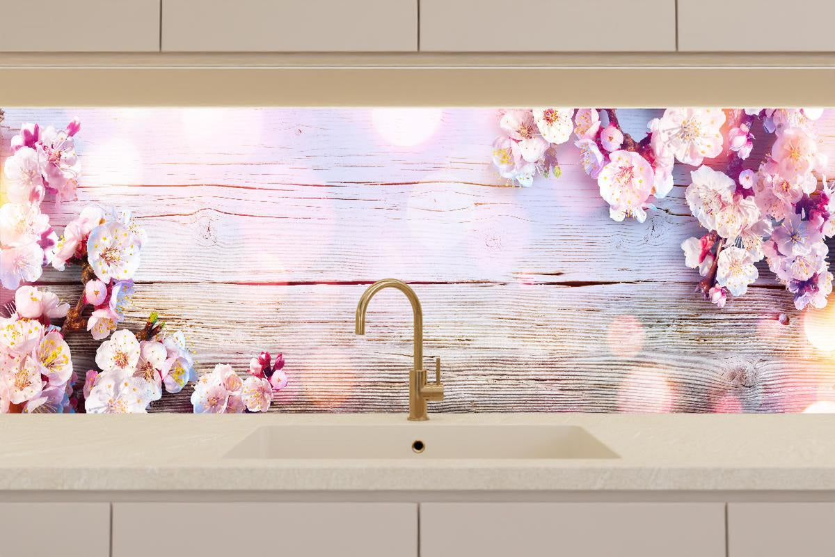 Küchenrückwand - Rosa Blüten auf Holzplatte