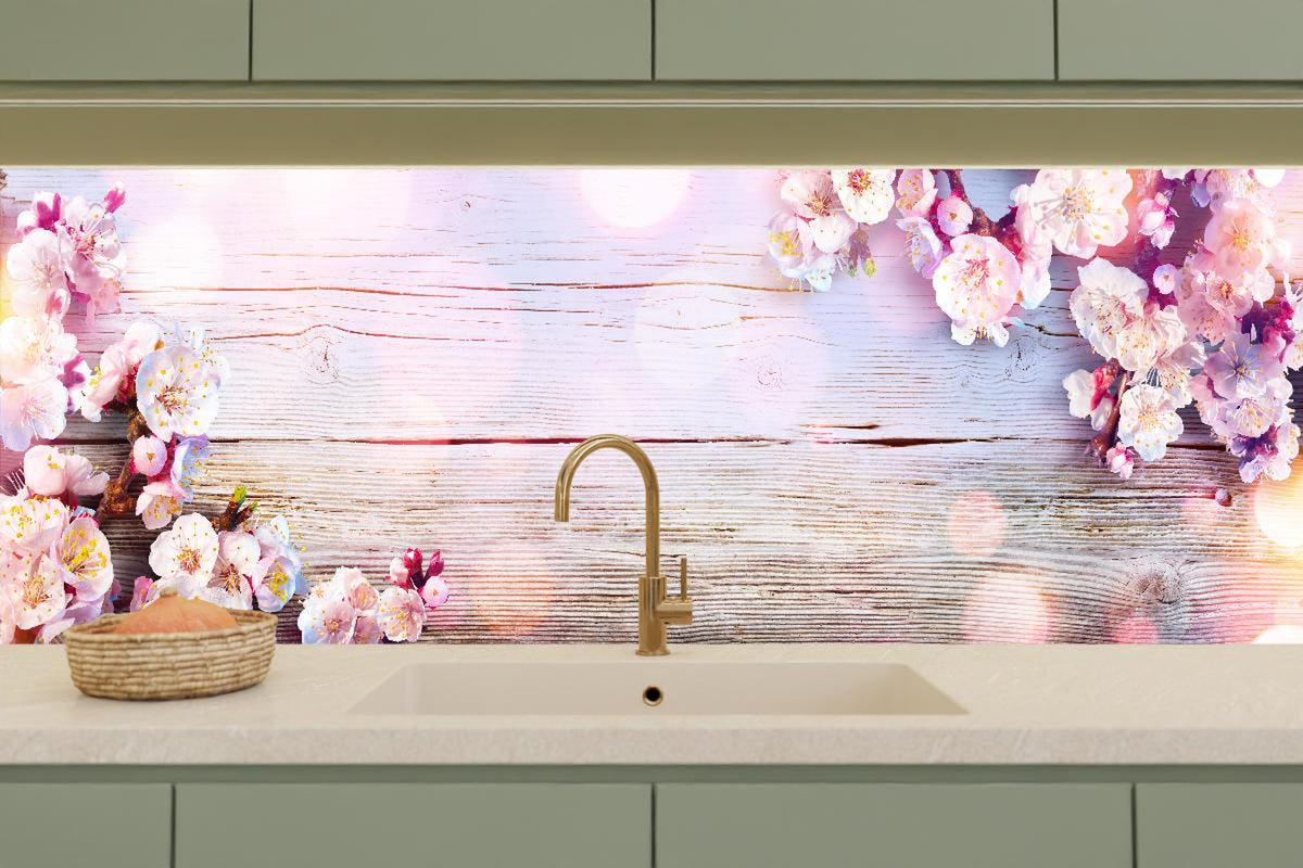 Küchenrückwand - Rosa Blüten auf Holzplatte
