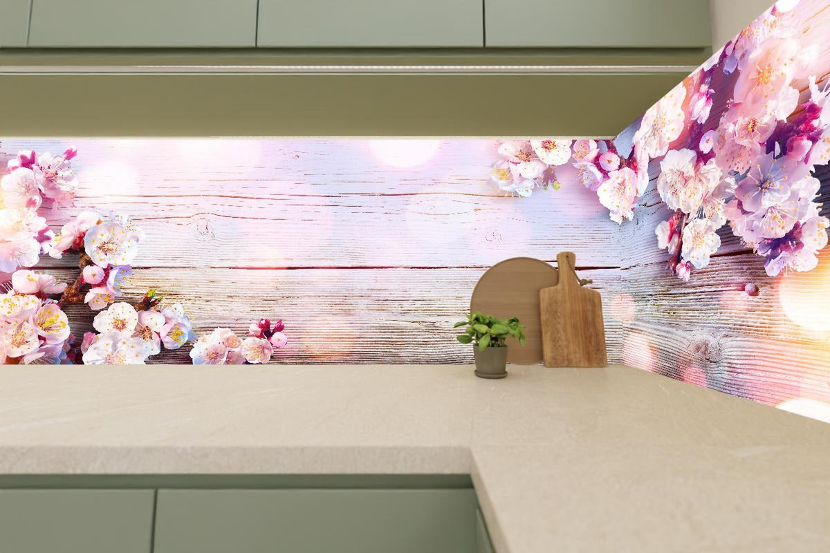Küchenrückwand - Rosa Blüten auf Holzplatte