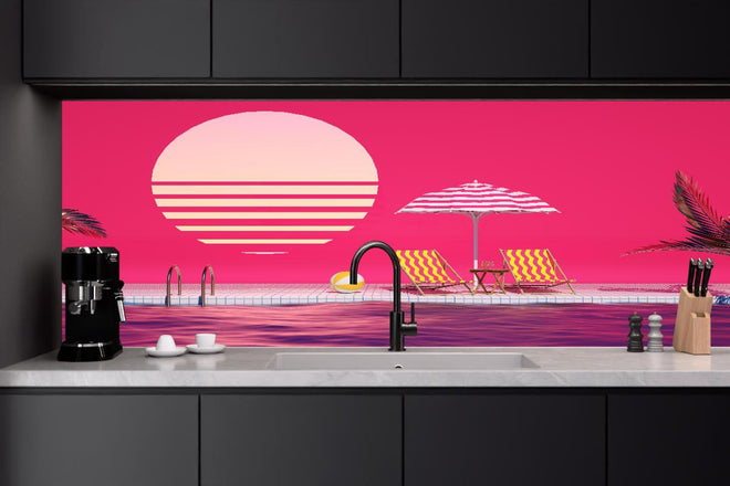 Küchenrückwand - Rosa Tropenpoolparty Abendstimmung