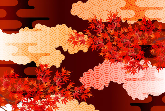 Küchenrückwand - Rote Ahornblätter mit Wolkenmuster