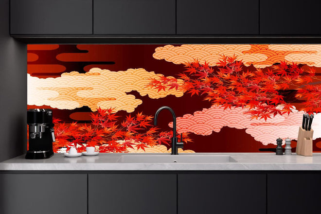 Küchenrückwand - Rote Ahornblätter mit Wolkenmuster