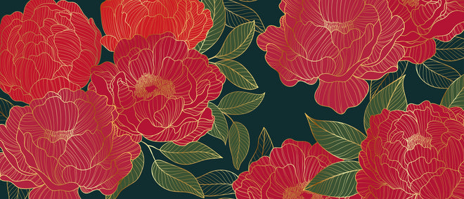 Küchenrückwand - Rote Blumen auf Dunkelgrünem Hintergrund