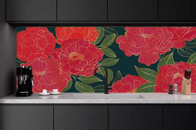 Küchenrückwand - Rote Blumen auf Dunkelgrünem Hintergrund